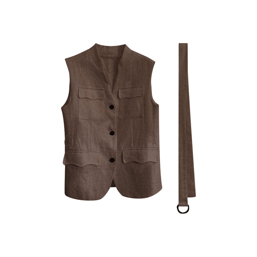 100% Linen Stand Collar Utility Vest with Belt