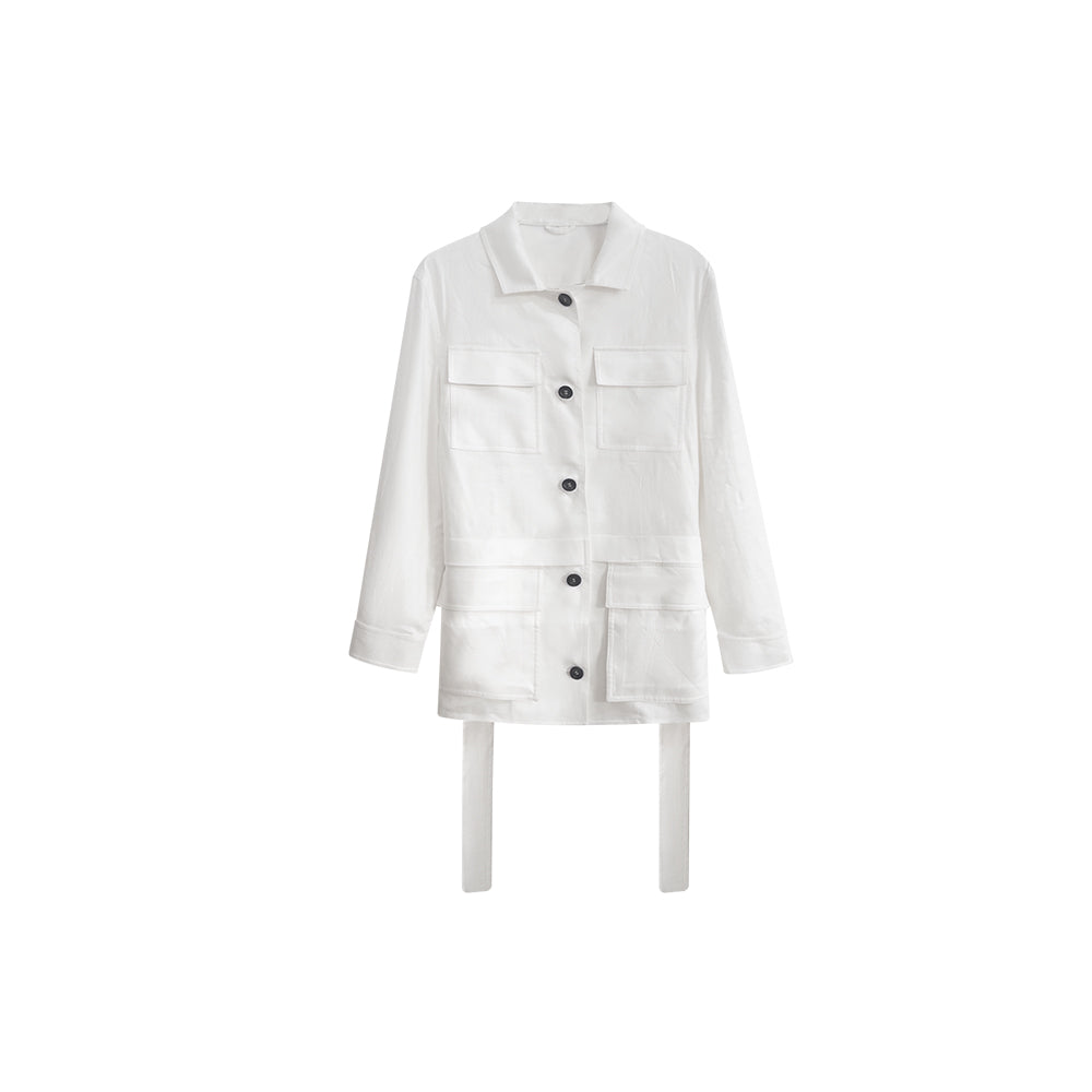 100% Pure Linen White Shirt | Utility Blouse with Pockets & Drawstring Waist