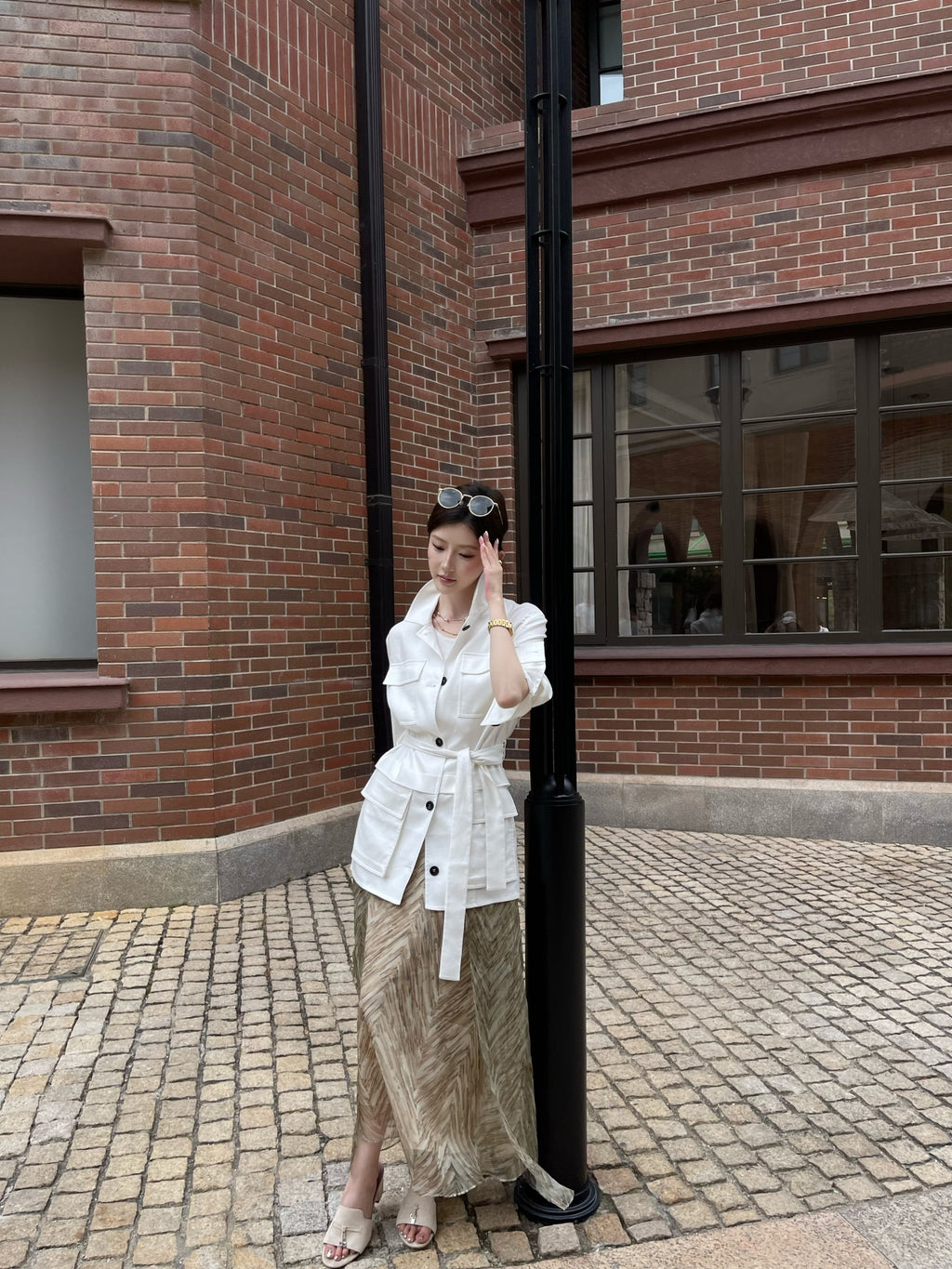 100% Pure Linen White Shirt | Utility Blouse with Pockets & Drawstring Waist