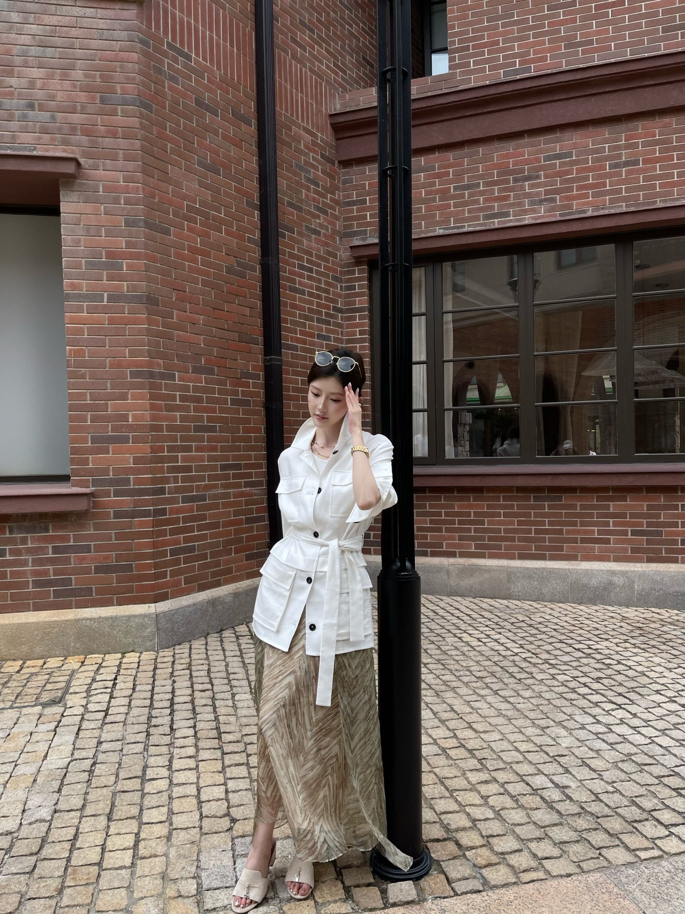 100% Pure Linen White Shirt | Utility Blouse with Pockets & Drawstring Waist
