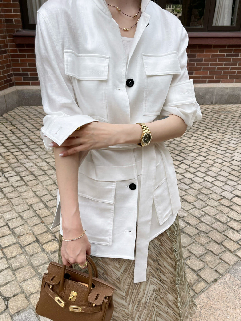 100% Pure Linen White Shirt | Utility Blouse with Pockets & Drawstring Waist
