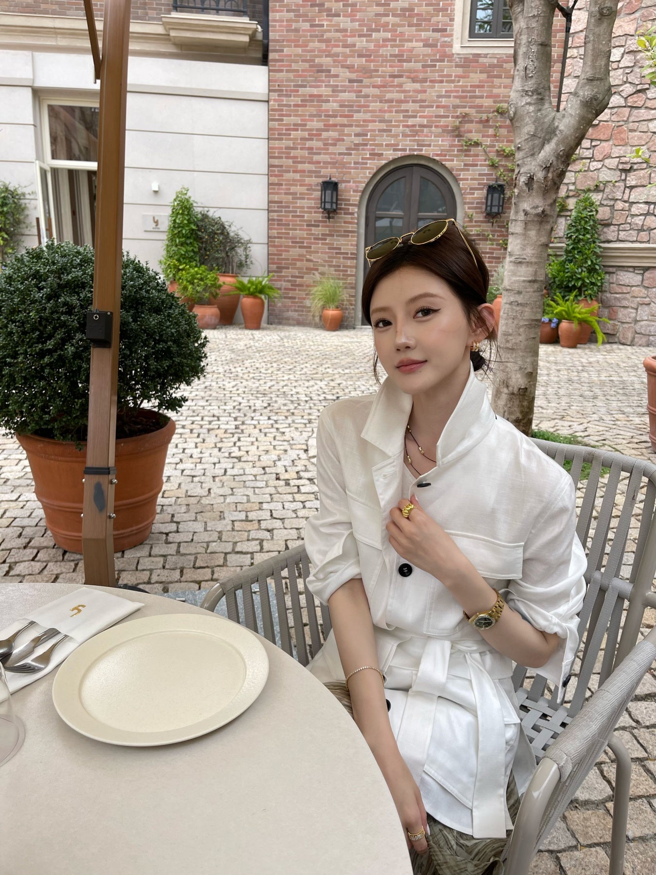 100% Pure Linen White Shirt | Utility Blouse with Pockets & Drawstring Waist