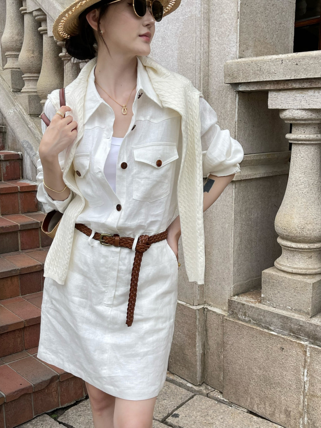Women's White Linen Shirt Dress, Old Money Style, Belted Waist with Pockets, Breathable Summer Casual Dress for Travel & Daily Wear