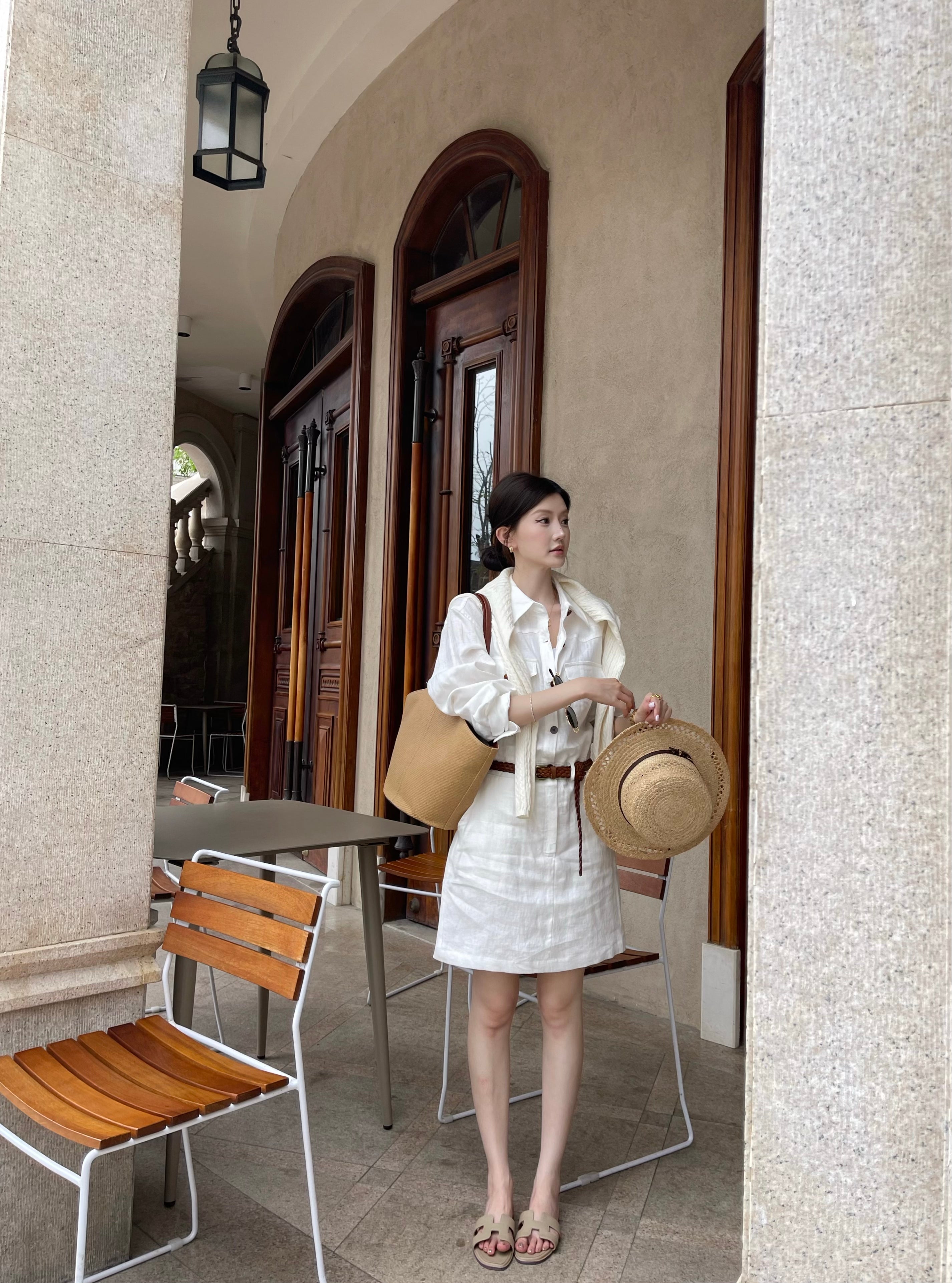 Women's White Linen Shirt Dress, Old Money Style, Belted Waist with Pockets, Breathable Summer Casual Dress for Travel & Daily Wear