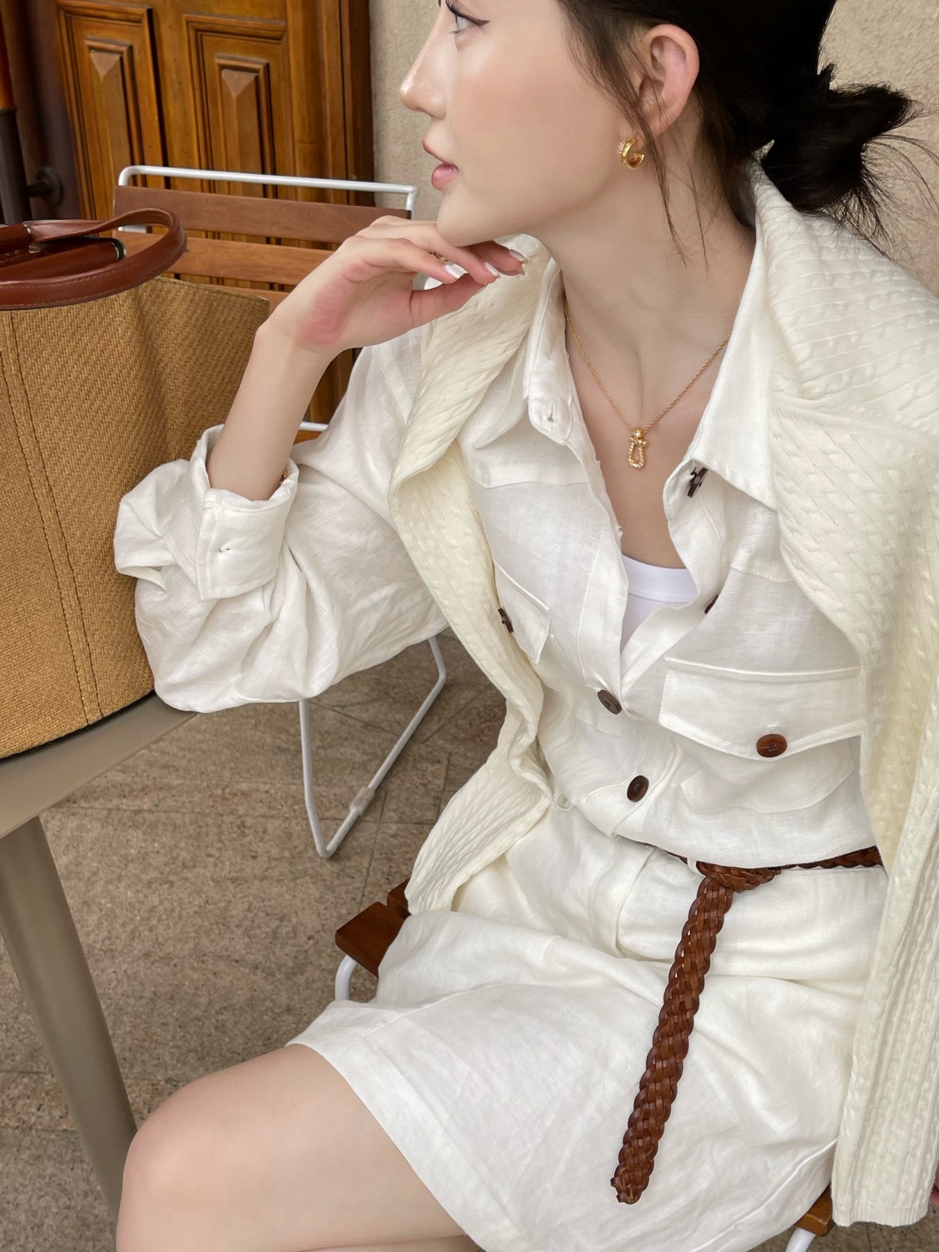 Women's White Linen Shirt Dress, Old Money Style, Belted Waist with Pockets, Breathable Summer Casual Dress for Travel & Daily Wear