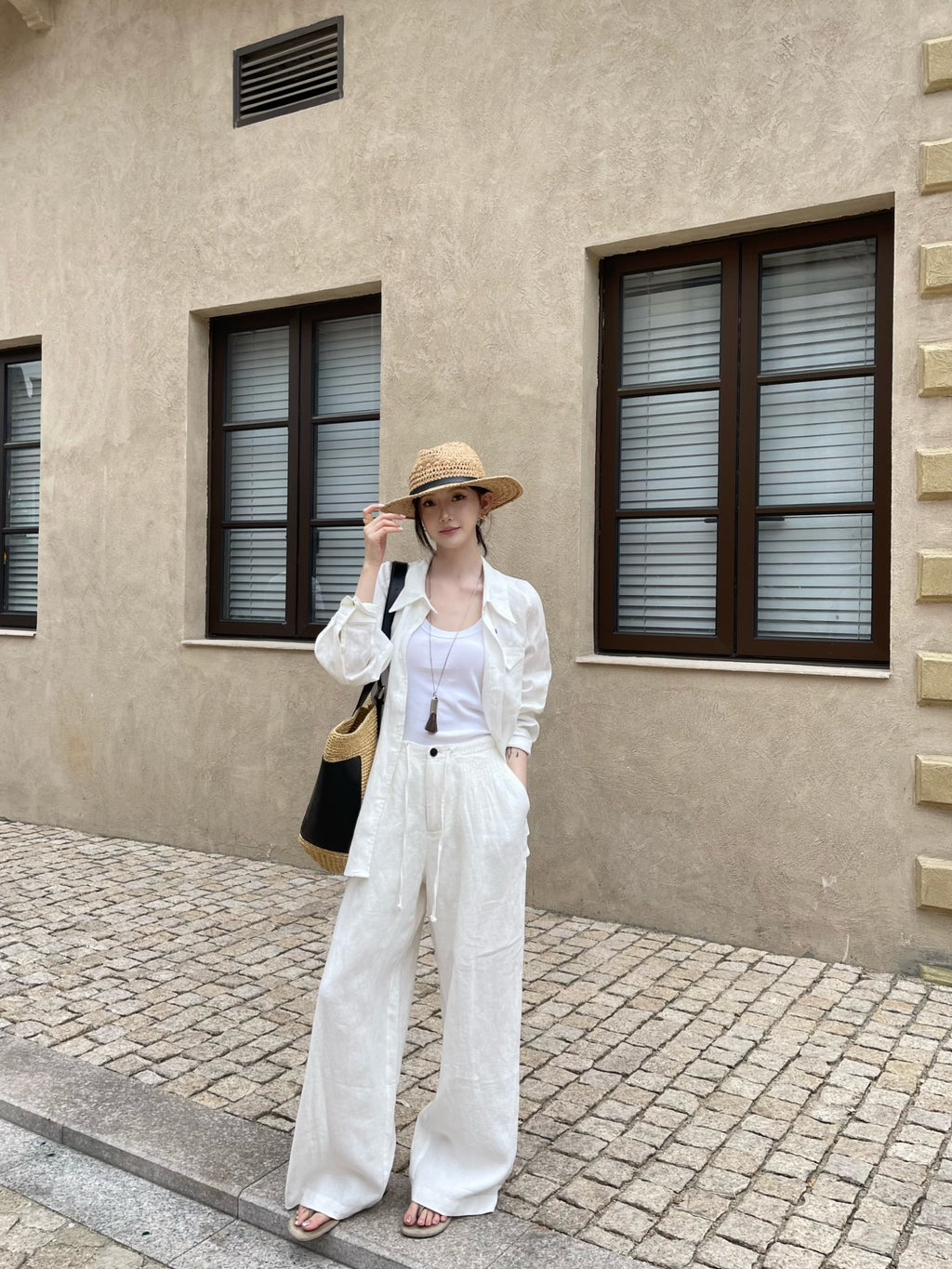 100% White Linen Wide Leg Pants for Women, Old Money High Waist Drawstring Trousers, Breathable Summer Casual Linen Pants
