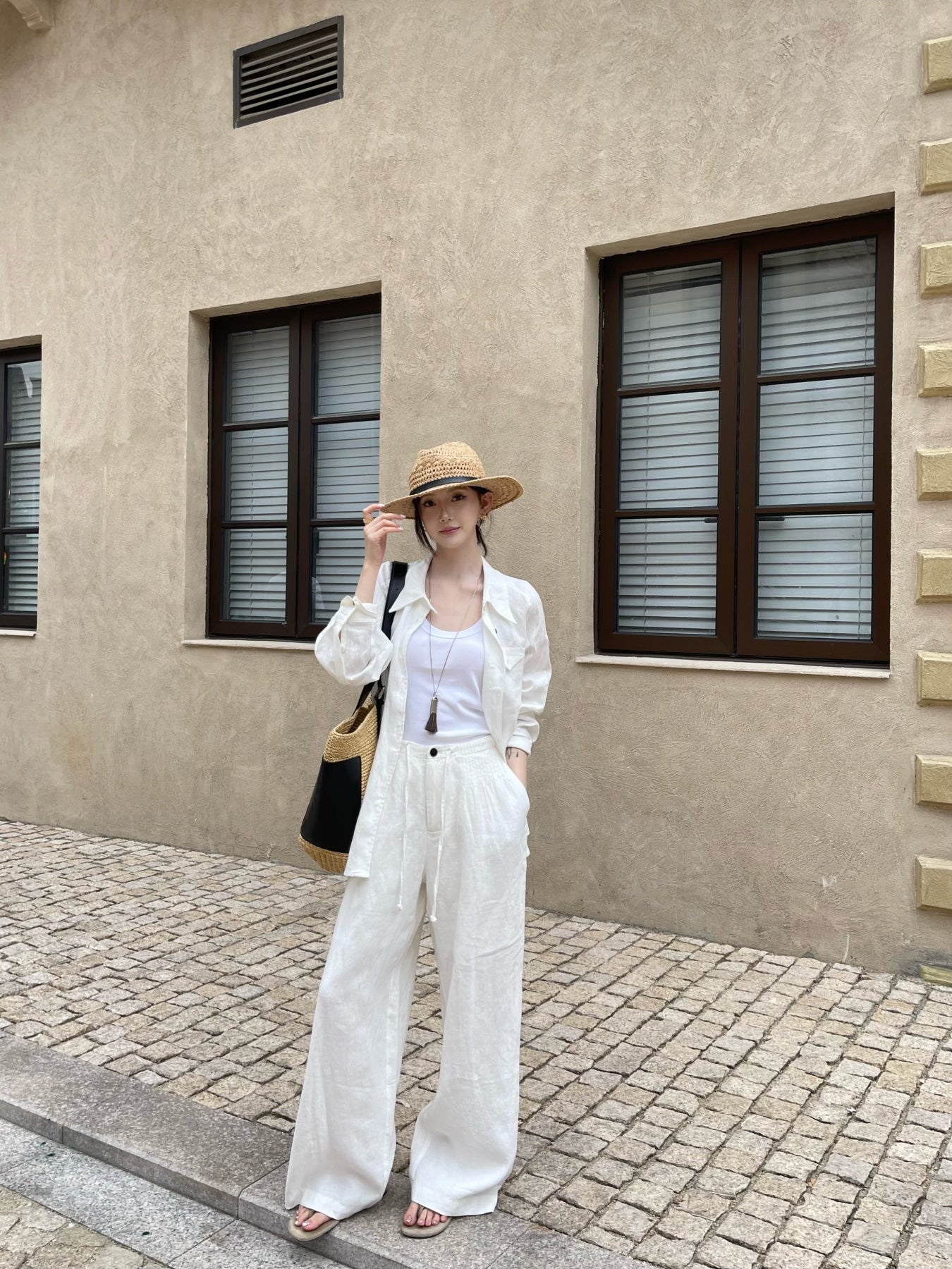 100% White Linen Wide Leg Pants for Women, Old Money High Waist Drawstring Trousers, Breathable Summer Casual Linen Pants