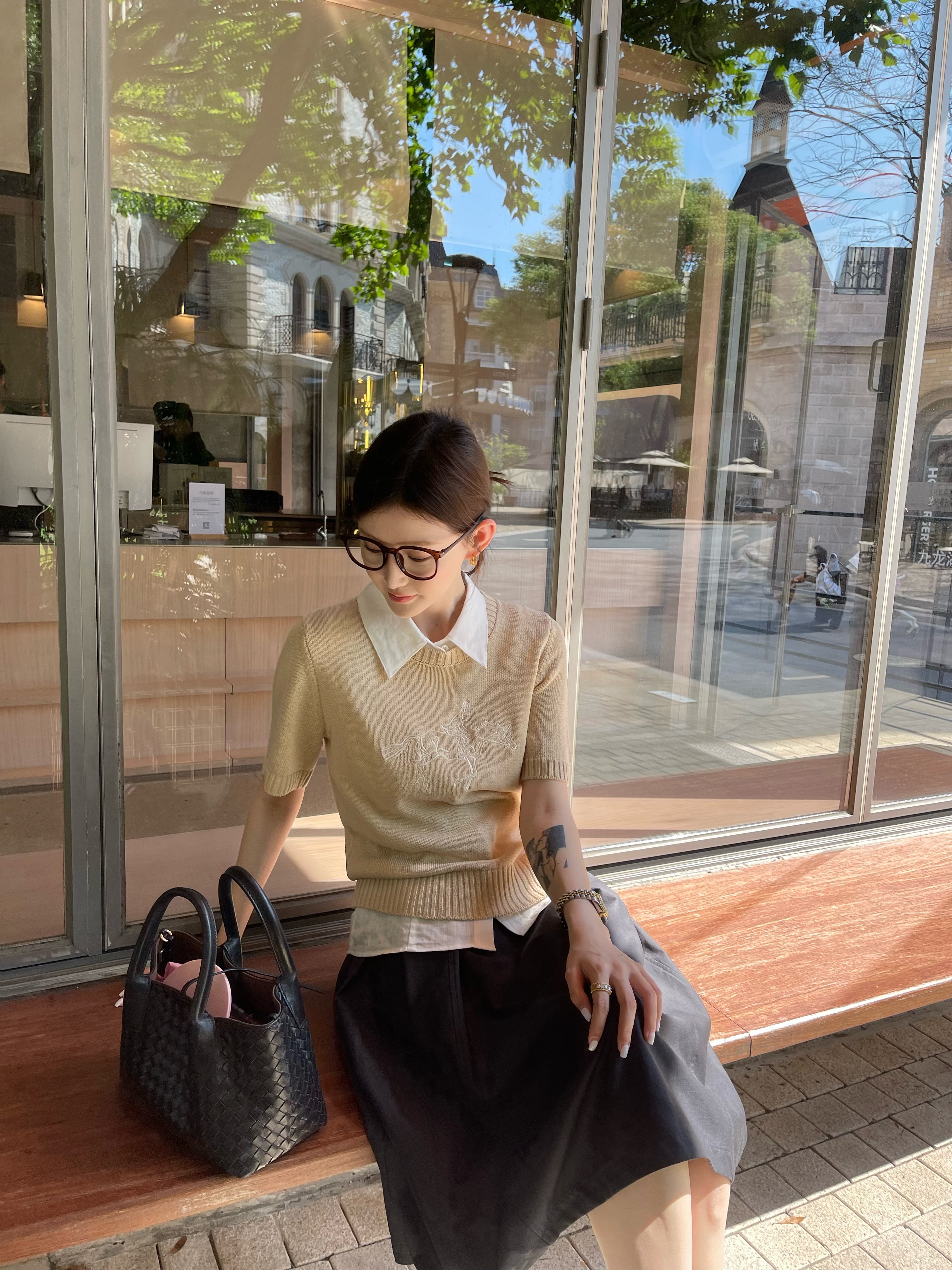 Quiet Luxury Equestrian Knit Top | Linen Cotton Blend Short Sleeve | Old Money Embroidery Sweater