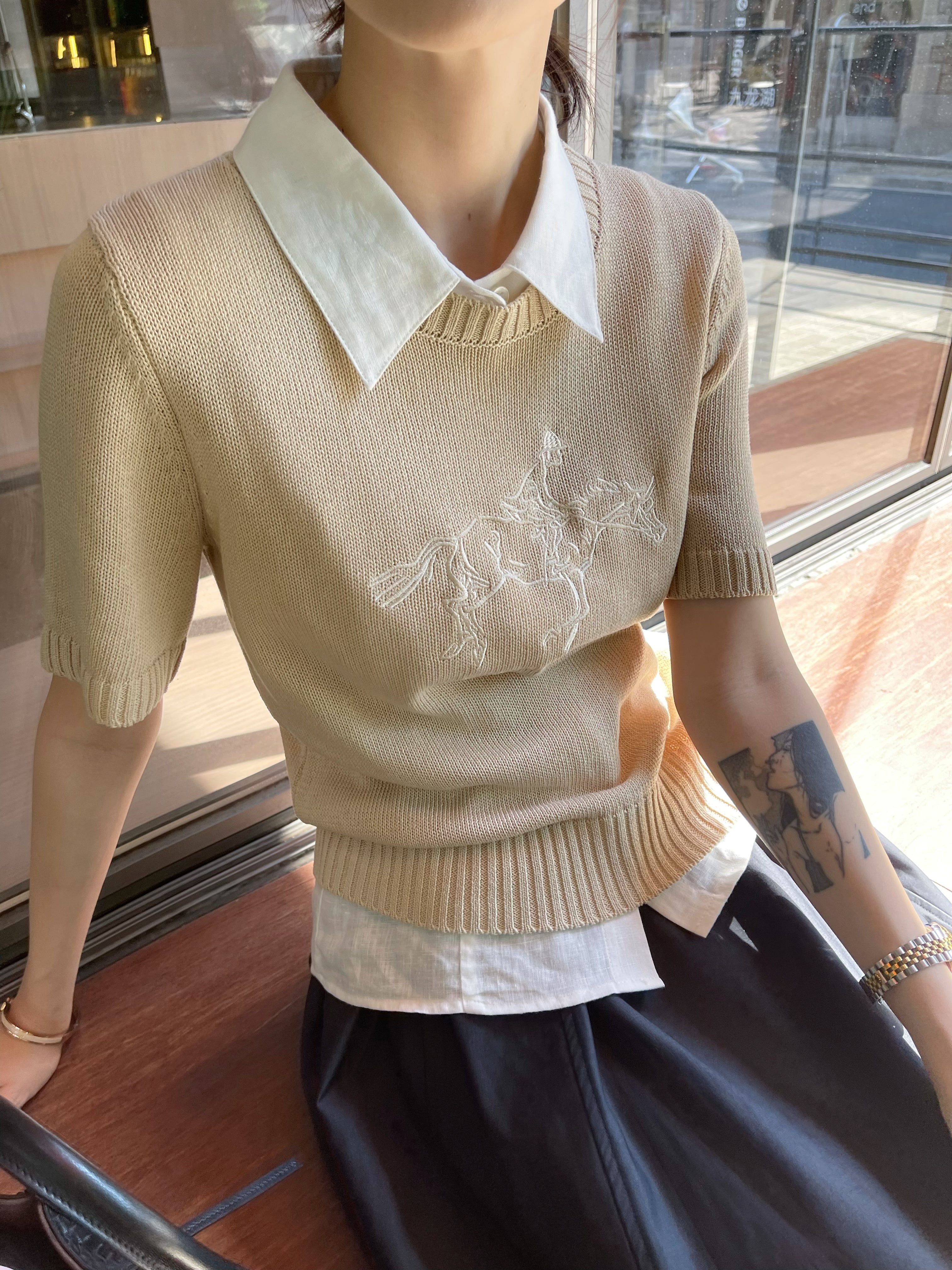 Quiet Luxury Equestrian Knit Top | Linen Cotton Blend Short Sleeve | Old Money Embroidery Sweater