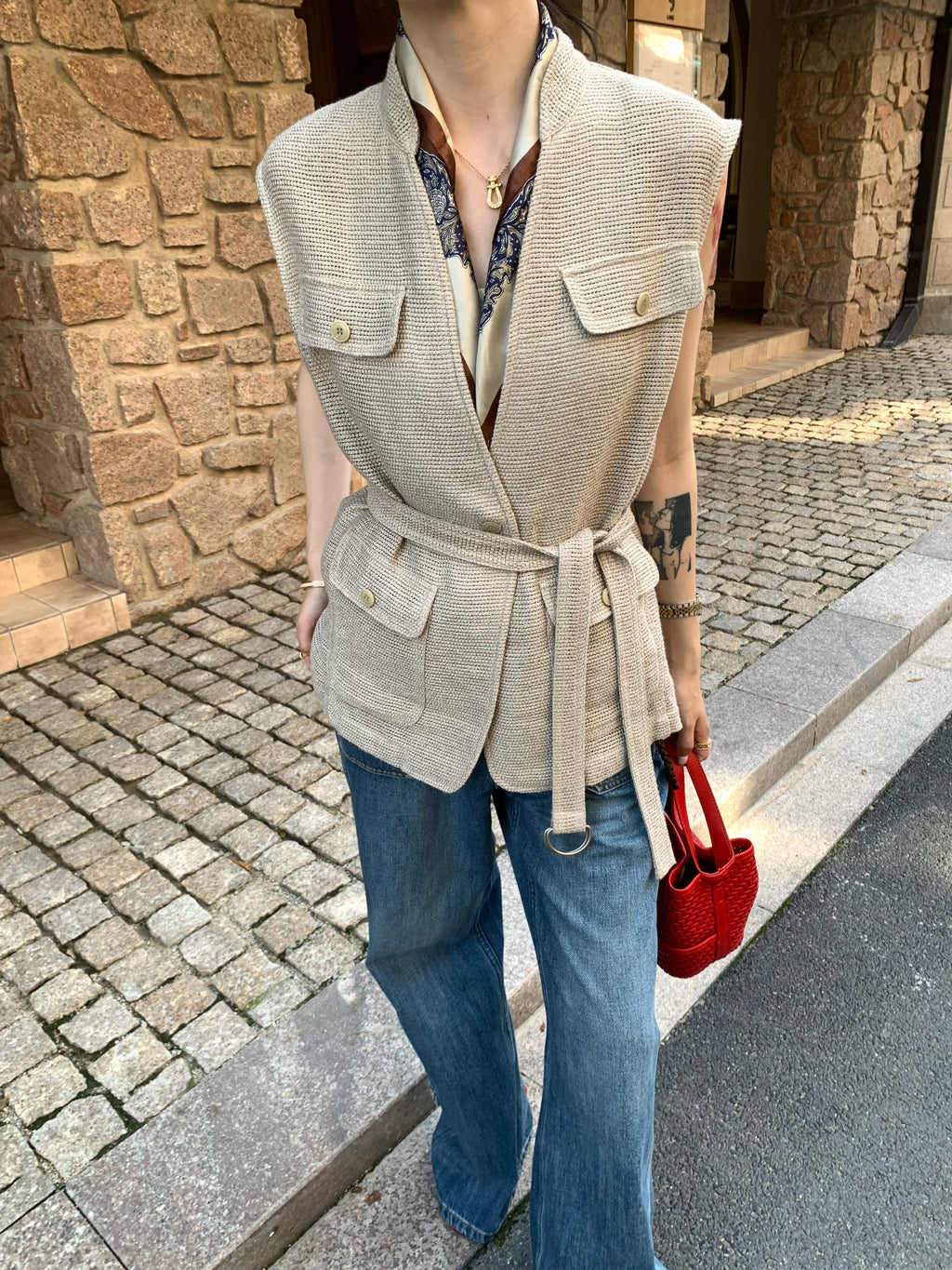 Quiet Luxury Linen Viscose Knit Vest | Belted Old Money Sleeveless Cardigan