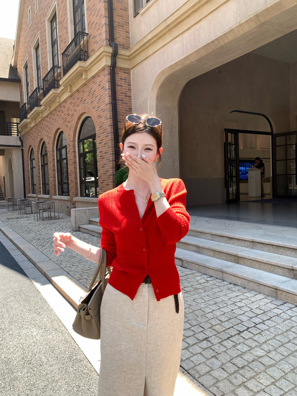 Luxury Mercerized Wool Red Ribbed Cardigan | Vintage Crew Neck Button-Up Sweater for Women | Sanjun