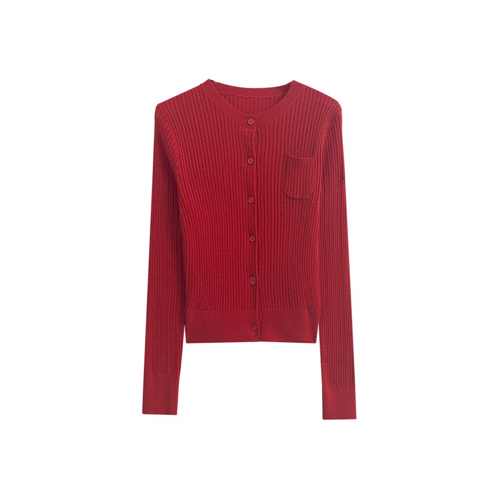 Luxury Mercerized Wool Red Ribbed Cardigan | Vintage Crew Neck Button-Up Sweater for Women | Sanjun