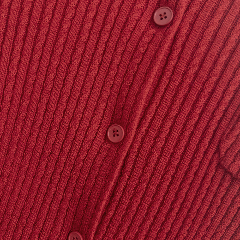 Luxury Mercerized Wool Red Ribbed Cardigan | Vintage Crew Neck Button-Up Sweater for Women | Sanjun