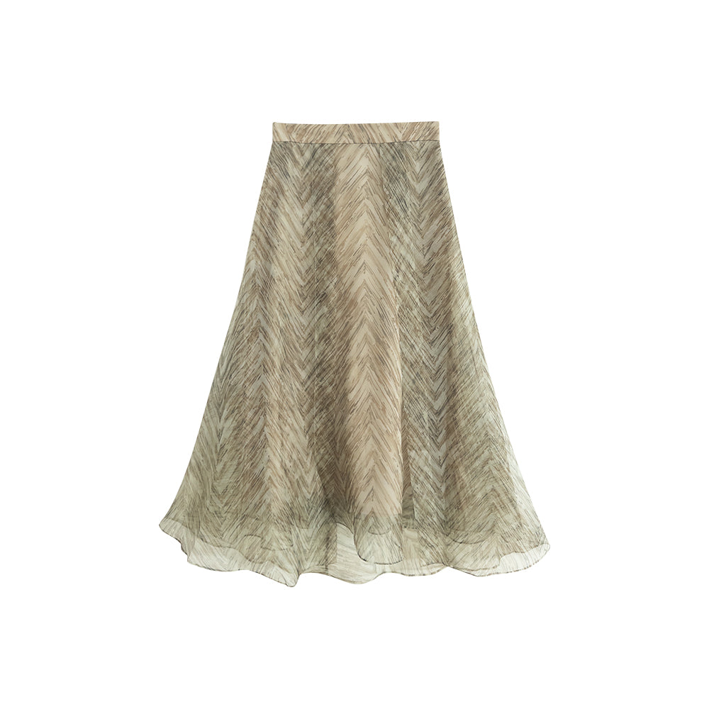 100% Mulberry Silk Chevron Print Midi Skirt, Luxury Old Money A-Line Flowy Skirt for Women, Elegant High Waist Silk Skirt