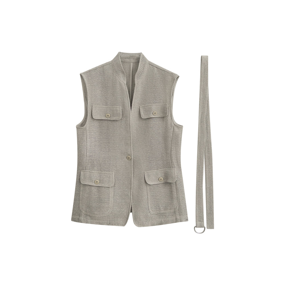 Quiet Luxury Linen Viscose Knit Vest | Belted Old Money Sleeveless Cardigan