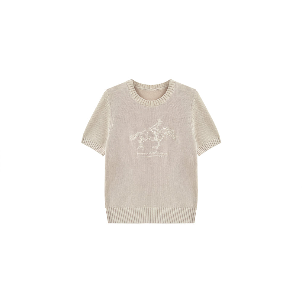 Quiet Luxury Equestrian Knit Top | Linen Cotton Blend Short Sleeve | Old Money Embroidery Sweater