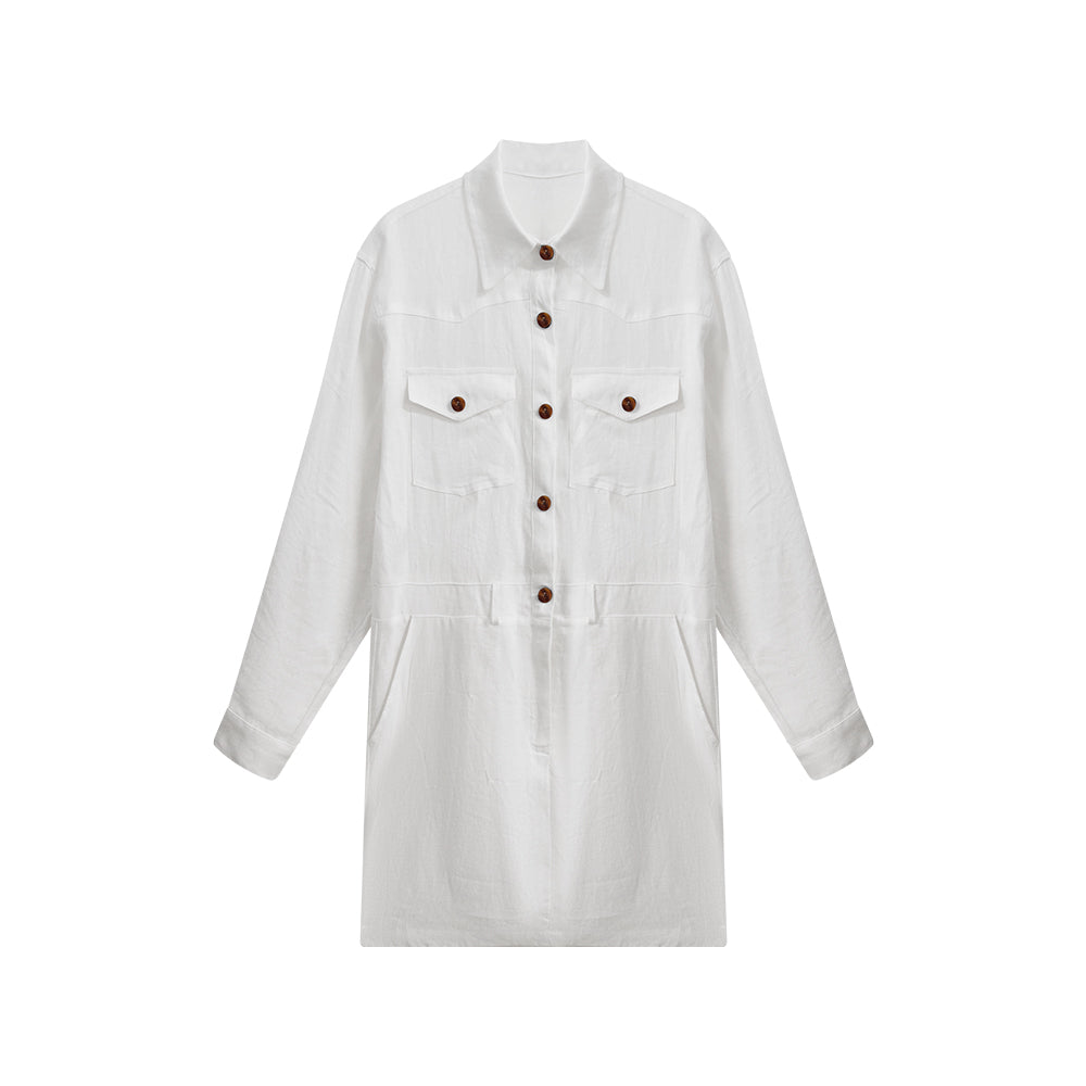 Women's White Linen Shirt Dress, Old Money Style, Belted Waist with Pockets, Breathable Summer Casual Dress for Travel & Daily Wear