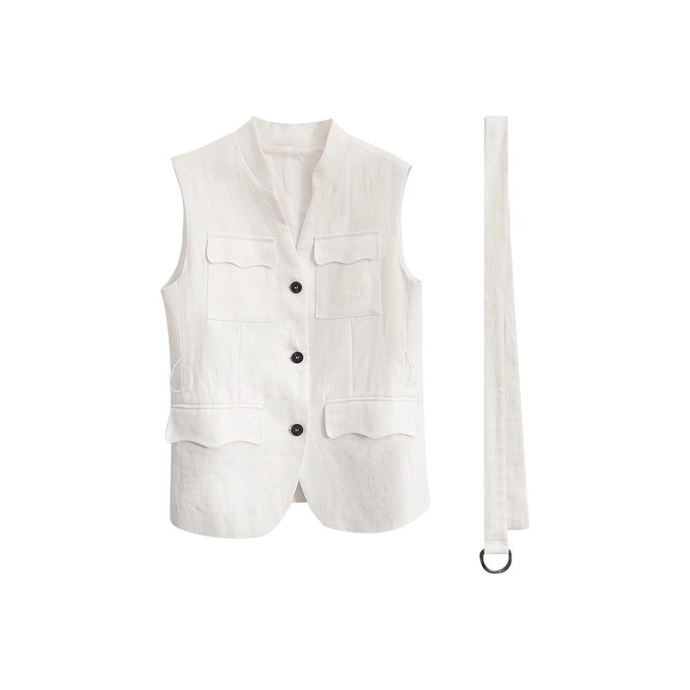 100% Linen Stand Collar Utility Vest with Belt