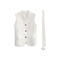 100% Linen Stand Collar Utility Vest with Belt