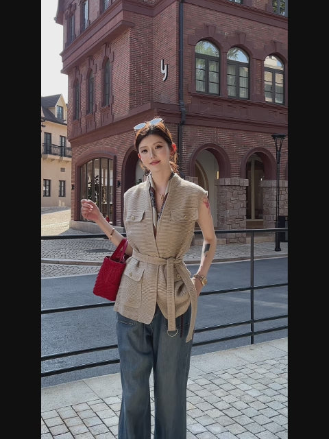 Quiet Luxury Linen Viscose Knit Vest | Belted Old Money Sleeveless Cardigan