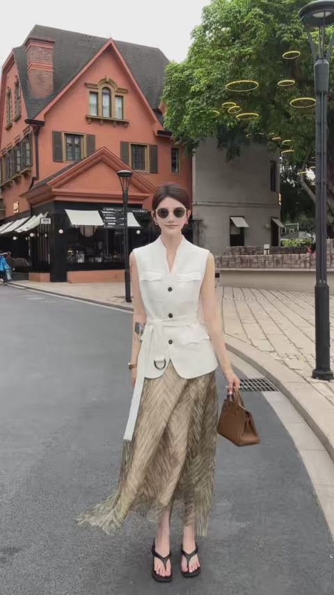 100% Linen Stand Collar Utility Vest with Belt